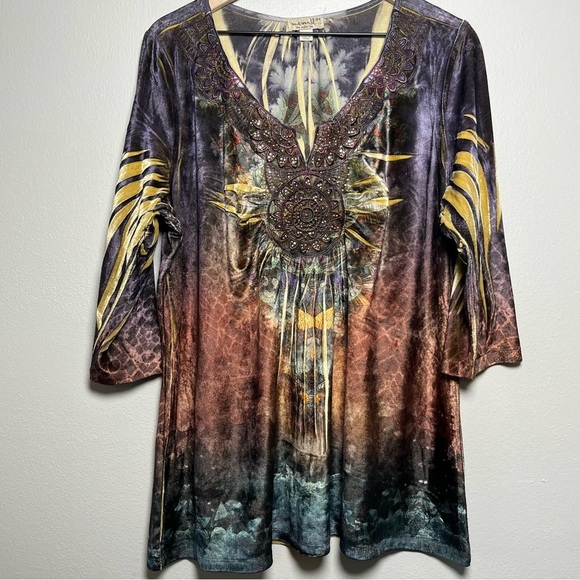 One World Women Top 2X Sublimation Boho Velvet Studded Art Fairy Grunge - Picture 1 of 10